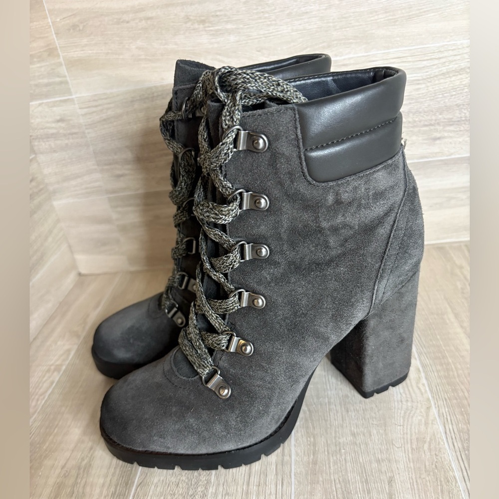 Sam Edelman Carolena Lace-Up Suede Booties Gray